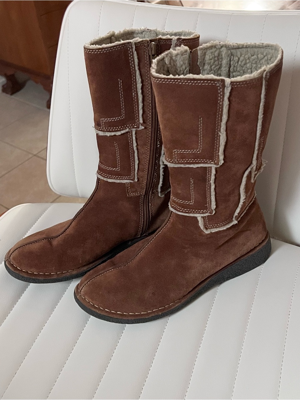 Eastland Sherpa Shearling Lined Brown Patchwork Zip Boots Flat Moccasins Shoes